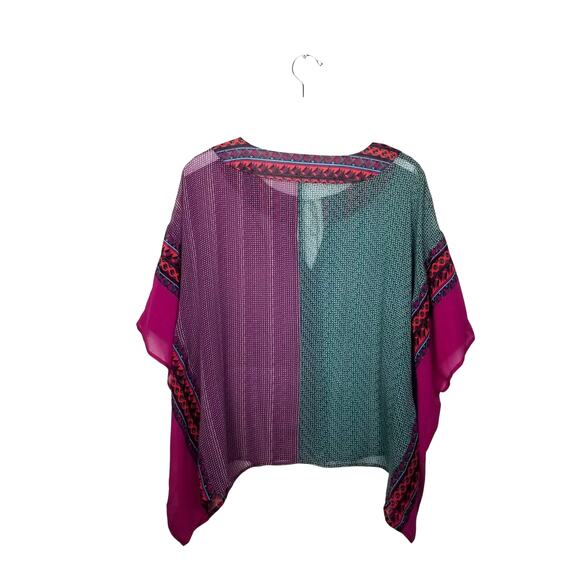 Madison Marcus 100% Silk Poncho Blouse Multicolor Geo Boho V-neck - Size M - Picture 3 of 5